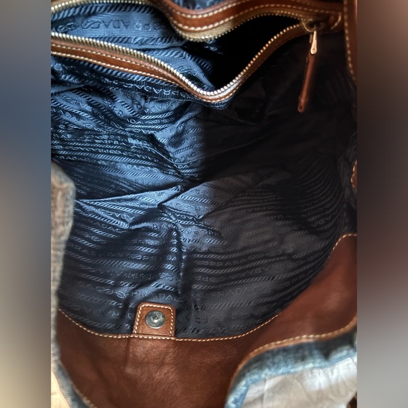 Authentic Vintage Prada Tote Blue Jean Bag Brown Leather Handle - Picture 8 of 12